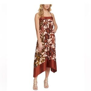 DKNY Rust Floral Asymmetrical Midi Dress | Tropical Print Flowy | Size M